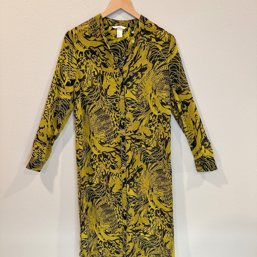 H&M Shirt Dress Women 4 Yellow Black Dragon Graphic Print Boho Sheer Lightweight - Picture 8 of 12